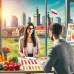 DALL·E 2024-07-05 13.45.49 – A vibrant and welcoming image depicting a friendly dietitian in Katowice. The dietitian is in a modern, cozy office with shelves of colorful fruits an